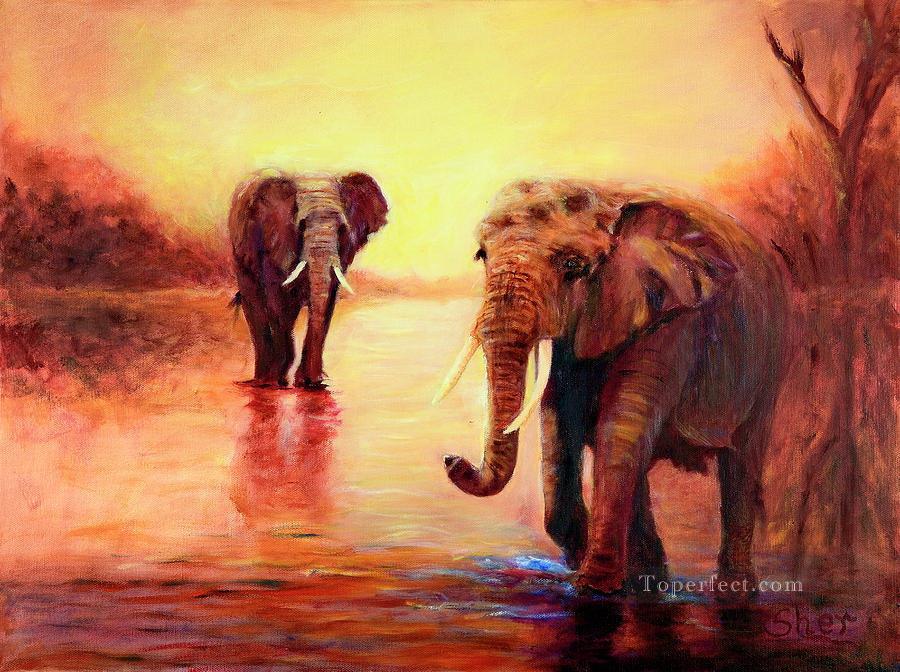 éléphants africains au coucher du soleil dans le serengeti sher nasser Peintures à l'huile